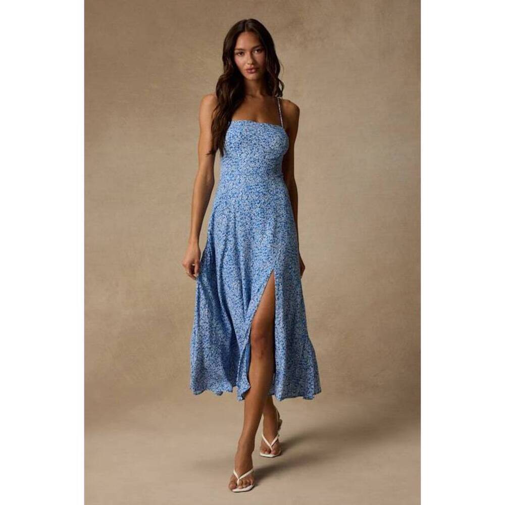 Lulus Charming Dedication Blue Floral Sleeveless Lace-up Midi Dress - Size M